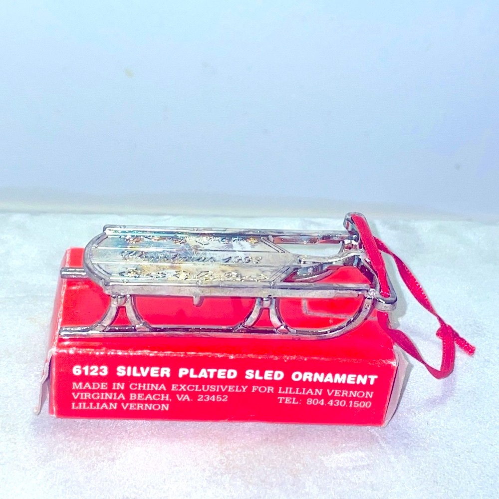 Silver Plated Christmas Sled Ornament Lilian Vernon Vintage 1993 New in Box 3”